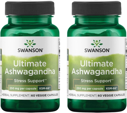 [BRSWGFD3CR6REFLV] Swanson Ultimate Ashwagandha KSM-66 - Herbal Supplement Supporting Healthy Stress Levels & Relaxation - Natural Formel för att främja en lugn och avkopplad Mindset - (60 Veggie Capsules, 250mg Varje) (2 Pack)