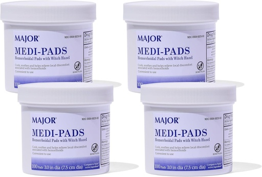 [BRSWIFIHAF4B6AI3] MAJOR Medi-Pads - Hemorrhoidal Hygienic Cleansing Witch Hazel Pads - Cooling Relief with Aloe - 100 Count Jar (4 Pack)