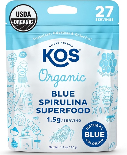 [BRSWYFQCOYNRAE33] KOS USDA Organic Blue Spirulina Powder, Phycocyanin - Vegan Algae Superfood - Natural Food Coloring for Smoothies & Protein Drinks, Plant Based, Non Glumbine - 27 Servings
