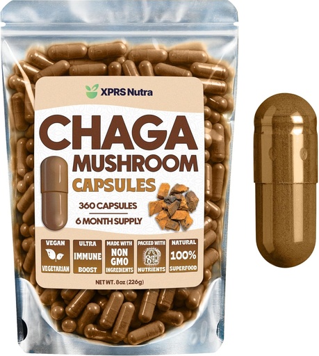 [BRSROCAOOYHA2DQ6] XPRS Nutra Chaga Mushroom Capsules - Premium USDA Chaga Mushrooms Capsules- Encapsulated Chaga Mushroom Powder for an Immunity Boost - Vegan Friendly Superfood for Chaga Tea and Beverages - 360 Count