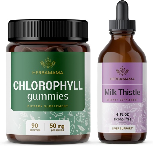 [BRSRAGAEBAFBM2DG] HERBAMAMA Chlorophyll and Milk Thistle Kit - Bundle of 50 mg Chlorophyll Gummies & Milk Thistle Extract Tincture 4 fl oz - Vegan, Non-GMO, Sugar & Alcohol-Free - 2 Pack