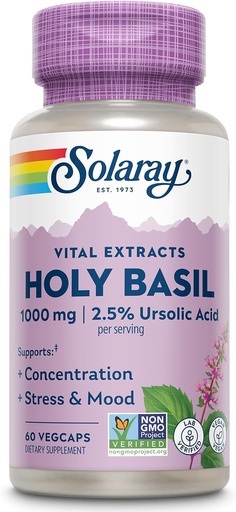 [BRSWIYQPO4IQCA36] SOLARAY Sacro Basilio 1000 mg - Tulsi Santo Basilio Adaptogen con 2,5% Acido Ursolico - Supporto surrenale, Focus, Stress occasionale e Mood Support - Non-GMO, Vegan, Gluten Free, 60-Giorni Garanzia, 30 Serve