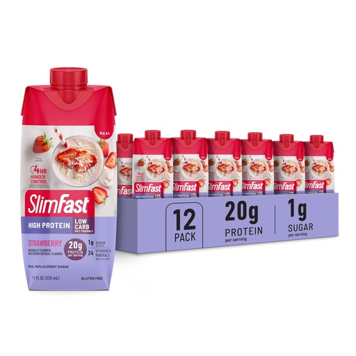 [BRSRMHQLBYFBAEL7] SlimFast Protein Shake, Strawberry- 20g Protein, Meal Replacement Shake Ready to Drink, High Protein with Low Carb and Low Sugar, 24 Vitamins and Minerals, 12 Count (Pack of 1) (Packaging May Vary)