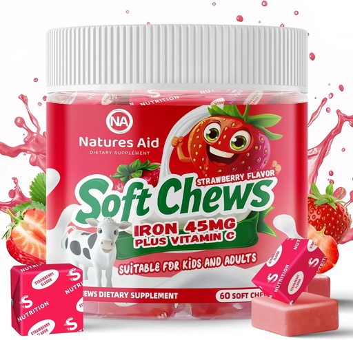 [BRSRAHYCAANWYA3V] Chewable Iron Supplement for Women & Men and Kids - Strawberry Flavor, Iron Vitamin C Soft Chew for Max Absorption, Iron as Ferrous Fumarate, Ideal for Iron Deficiency, 2 Month Supply