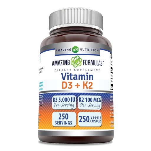 [BRSROGD2AACGYH3B] Amazing Formulas Vitamin D3 5000 IU with Vitamin K2 100 Mcg| 250 Veggie Capsules | D3 + K2 Complex | Non-GMO | Gluten Free | Made in USA