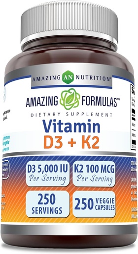 [BRSROGD2AACGYH3B] Csodálatos formulák D3-vitamin 5000 NE K2-vel 100 Mcg-vitamin 124; 250 Veggie Capsule-val)