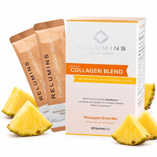 [BRSROEATBYBBSADF] Relumins Marine Collagen Powder Drink Mix - Collagen Peptide with Glutathione, Green Tea, CoQ10, & Hyaluronic Acid Boosts Glowing Skin - 100 Powder Sachets x Pineapple Flavored + 10 Free Sachets