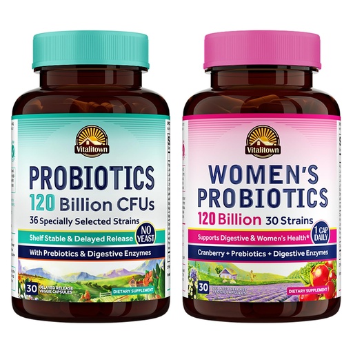 [BRSRMBQZOYIWMCDG] Vitalitown Probiotic Bundle (Pack of 2) | Probiotics 120 Billion CFUs (Item 1) & Women’s Probiotics (Item 2) | Shelf Stable, Once Daily | Gut, Immune, Vaginal Health | 60 Capsules | 30 Day Supply Each