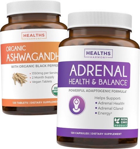 [BRSRAZYCBEIRYAIZ] Ashwagandha & Adrenal (2-Month Supply) Adrenal Balance Pack - Organic Ashwagandha Natural Adrenal & Cortisol Support (120 Caps) & Adrenal System & Cortisol Manager L-Tyrosine Fatigue Support (120 Cap)
