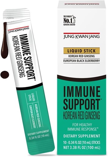 [BRSROA32C4DRECDP] JUNG KWAN JANG Korean Red Panax Ginseng (800mg) and Elderberry (469mg) Immune Support Everytime Extract Sticks, Antioxidant Supplement for Immunity and Daily Wellness, 10 Count