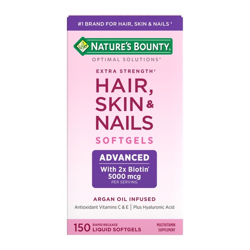 [BRSWIZL3AVYRA3T6] Nature's Bounty Advanced Hair, Skin & Nails, Argan-Infused Vitamin Supplement with Biotin and Hyaluronic Acid, 150 Rapid Release Softgels, 50 Total Servings