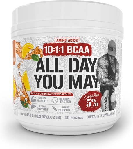 [BRSW22Y5OAGRS2YZ] 5% Nutrition Rich Piana AllDayYouMay BCAA Powder | Premium Intra & Post Workout Amino Acids, Hydration, Endurance, Muscle Recovery, Joint & Liver Support | 16.3 oz, 30 Servings (Southern Sweet Tea)