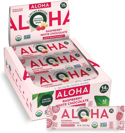 [BRSRMAQDCR5RS3DD] ALOHA Organic Plant Based Protein Bars | Raspberry White Chocolate | 12 Count, 1.98oz Bars | Vegan, Low Sugar, Gluten Free, Paleo, Low Carb, Non-GMO, Stevia Free, Soy Free, No Sugar Alcohol Sweeteners: LIMITED EDITION