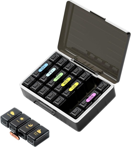 [BRSROCD6BMHWODL5] Weekly Pill Organizer 4 Times a Day, Large Compartments Pill Box 4X 7 Day, Medicine Organizer Pill Case for Pills/Vitamins/Fish Oils/Medication/Supplements (Black)