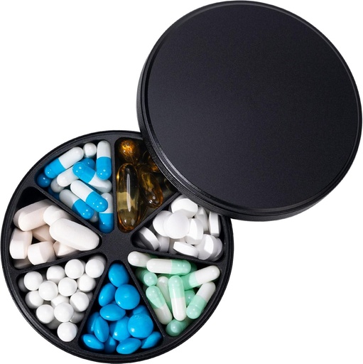 [BRSRAGILAUDWA23J] Metal Pill Dispenser Pill Organizer 7 Comistions - Heavy Duty Anti- Mix Pill Container, Nagy Vízálló Napi Pill Box Pill Case vitamin, gyógyszer, kiegészítés, halolaj, 0.39lb (fekete)