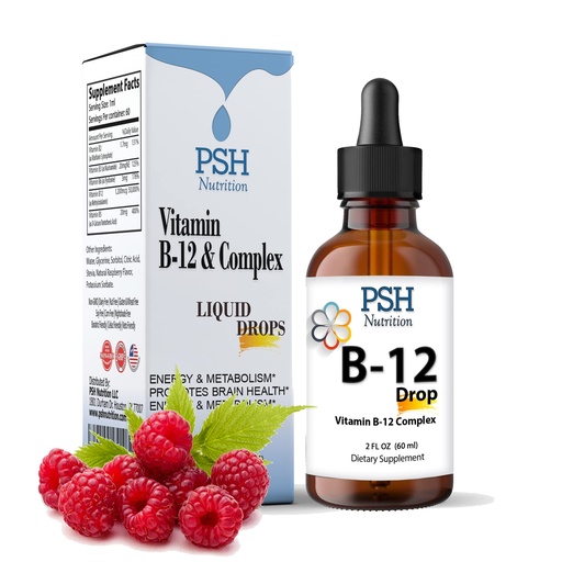 [BRSWYBTROUCWKYLB] Premium PSH B Complex Liquid Drops with B12 - Natural Energy Booster - USA Made Supplement for Energy and Focus Stress Relief and Energy and Immune Support - 2 fl oz