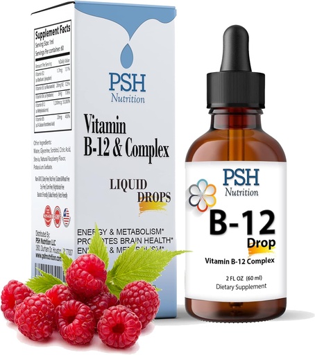 [BRSWYBTROUCWKYLB] Premium PSH B komplekse flytende dropper med B12 - Natural Energy Booster - USA Laget supplement for energi og fokus Stress Relief og energi og immunstøtte - 2 fl oz