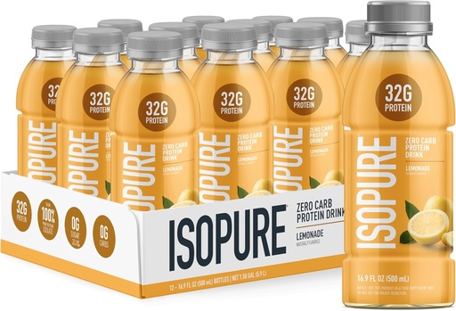 [BRSRMHA2BEOW2ADO] Isopure Zero Carb 32g Clear Protein Ready- to- Drink, Whey Protein Isolate, Lemonade, 12 Pack (Packaging May Vary)