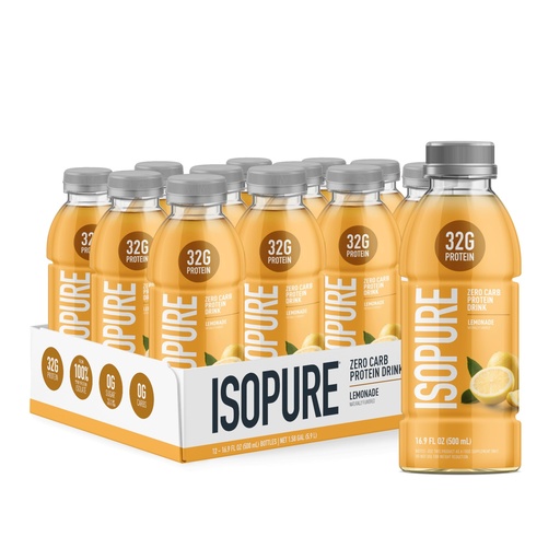 [BRSRMHA2BEOW2ADO] Isopure Zero Carb 32g Clear Protein Ready-to-Drink, Whey Protein Isolate, Lemonade, 12 Pack (Packaging May Vary)