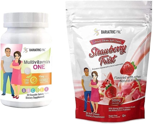 [BRSW2ZA5AAHWG3D2] BariatricPal 30-Day Bariatric Vitamin Bundle (Multivitamin ONE 1 per Day! Chewable with 45mg Iron - Orange Citrus and Calcium Citrate Soft Chews 500mg with Probiotics - Strawberry Twist)
