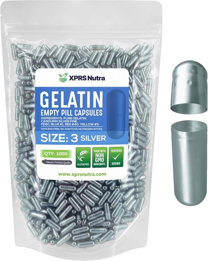 [BRSW2ZYDCN5A4GTZ] XPRS Nutra Size 3 Empty Capsules - 1000 Count Empty Gelatin Capsules - Pills DIY Capsule Filling - Pure Bovine Pill Gel Caps for Do-It-Yourself Supplements (Silver)