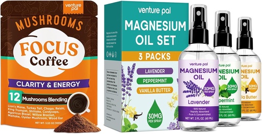 [BRSRAHYHCV6RYFIV] Venture Pal Mushroom Coffee & Magnesium Oil Spray Bundle: 12 in 1 Coffee with Ashwagandha for Focus & Immunity + 3 Packs Pure Magnesium Spray for Relaxation, Sleep & Muscle Relief - 40 Servings