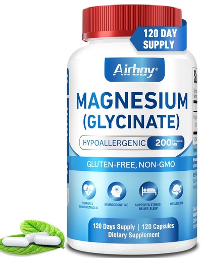 [BRSRAEI7CACAIA3G] Airboy Magnesium Glycinate 200 mg, Best Magnesium Glycinate for Sleep,120 Vegan Small Capsules, High Absorption Support Relaxation, Sleep and Calm Mood,Non-GMO and No Gluten