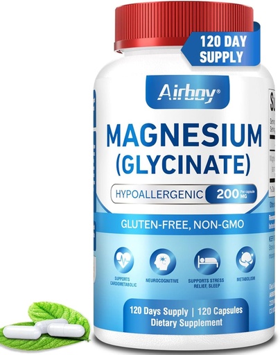 [BRSRAEI7CACAIA3G] Airboy Magnio glicinatas 200 mg, Geriausias magnio glicinatas Miego, 120 Vegan Mažos kapsulės, High Absorption Support Relaxation, Miego ir Calm Mood, Non- GMO ir No Gluten