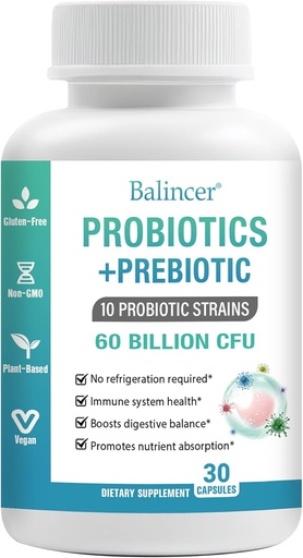 [BRSRAFIOOR5BQ23L] Probiotika a organická prebiotika pro ženy a muže, 60 miliard CFU 10 Stravovací a Gut zdraví, plyn a nafouknutí, 30 Kapsle