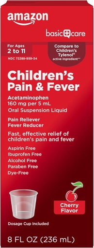[BRSROCT5CMARQCA2] Basic Care Children 's Pain and Fever, Acetaminofen 160 mg w 5 ml zawiesiny doustnej, Dyefree Cherry Flavor, Fever Reducer and Pain Reliever for Headhead, Sore Throat and Toothache, 8 fl oz