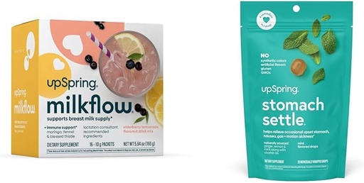 [BRSROCQRBEPR4HIV] UpSpring Stomach Settle Drops, Mint Flavour, 28 Ct+Milkflow Breastfeeding Supplement Drink Mix med Moringa & Blessed Thistle, No Fenugreek | Elderberry Lemonade Flavor | 16 Drink Mixes