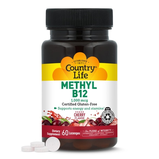 [BRSWIFQYPIHRAHDG] Country Life Methyl B12, Supports Energy & Stamina, 1000mcg, 60 Lozenges, Certified Gluten Free, Certified Vegan