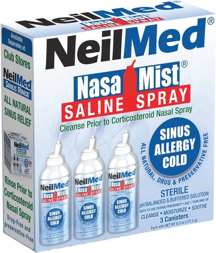 [BRSRMAIEDIBGCC3A] NeilMed NasaMist Isotonic Saline Spray. Soothe, Moisturize og Rense Brug specielt designet tip. 177ml. Indeholder 3 NasaMist beholdere