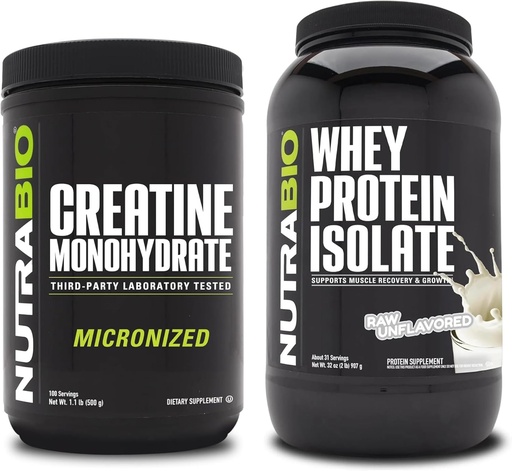 [BRSRAZ34BF4A2E3U] NutraBio Monohidrato de Creatina, Desflavorado, 500g y Whey Protein Isolate, Desflavorado, Suplemento Bundle - Energía muscular, Crecimiento del músculo magro, recuperación y fuerza