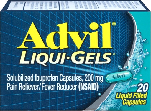[BRSWIY37OQPRMCLC] Advil Liqui-Gels Pain Reliever and Fever Reducer, Ibuprofen 200mg duten helduentzako Pain Medicine Headache, Backache, Menstrual Pain and Joint Pain Relief - 20 Liquid Betetako kapsulak