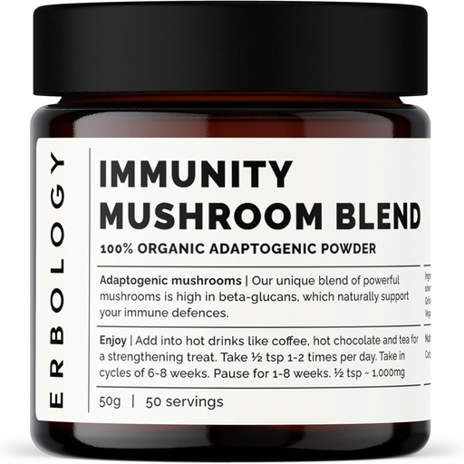 [BRSWYHYLOV7AGF3D] Erbology Organic Imunity Mushrom Complex 50 Slúži - High in Beta-glukány - Reishi, Cordyceps, Lion's Mane, Turkey Tail - Trvalo rastúci v Európe - Vegan - Non-GMO - Žiadne pridané výplne