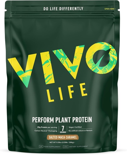 [BRSRAZLQBF7A4YLD] Vivo life Perform Plant Protein Powder - Pea & Hemp Protein Blend with BCAA (9.38 oz, Salted Maca Caramel)