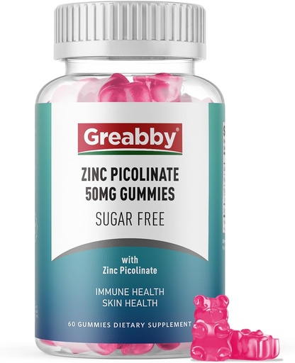 Zinc Gummies - Zinc Picolinate 50mg, Sugar Free, Highly Absorbable Zinc Picolinate Supplement for Kids & Adults, Support Growth, Immune Function, Skin Health, 60 Gummies