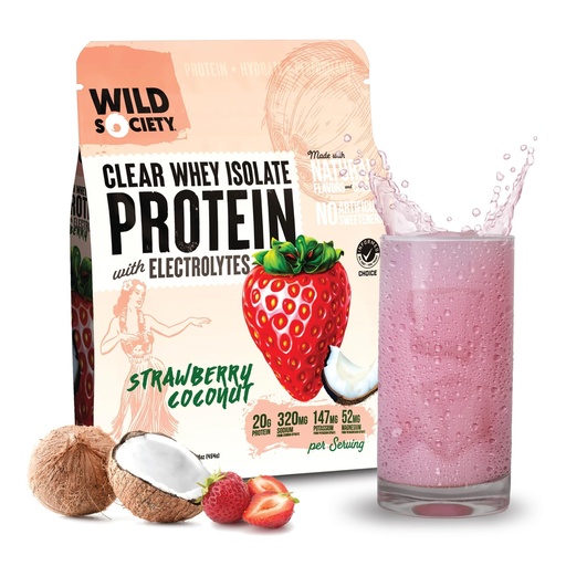 [BRSRA2YBDMFW2235] WILD SOCIETY - Clear Protein Powder + Electrolytes - 20g Clear Whey Protein Isolate Drink - Zero Sugar - 0g Lactose - Natural Flavors & Colors - Muscle Post Workout Recovery - Strawberry Coconut, 16oz