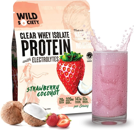 [BRSRA2YBDMFW2235] WILD SOCIETY - Clear Whey Protein + Electrolytes - Refreshing Whey Protein Isolate Powder - 20g Protein, 0 Added Sugar, GMO-Free, Natural Flavors & Colors - Strawberry Coconut, 16 oz