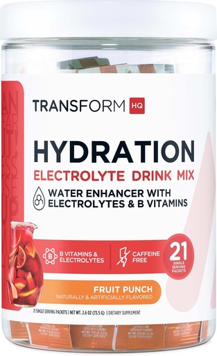 [BRSRAZYCCUBGK3DX] TransformHQ Hydration Drink Mix (21 Single-Serving Packets, Fruit Punch) - Hydration Supplement Blend with Vitamins and Electrolytes