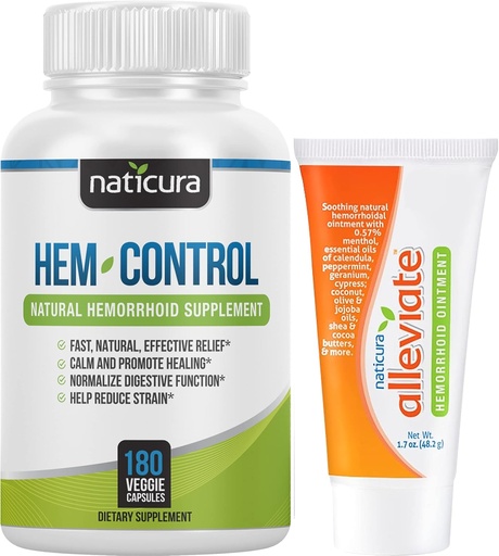 [BRSWKGADCJ6GOHTK] Bundle - Hem-Control Vegan Digestive Support Supplement (180 Count) and Alleviate Natural Hemorrhoid Relief Cream for Burning, Itching and Swelling (1.7 oz) Plus 2 Travel-Size Tubes