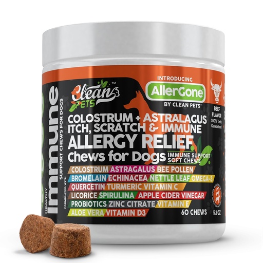 [BRSRAEIFBEBBOGYY] Clean Pets Dog Allergy Relief Chews | Itchy Skin Relief for Dogs | Colostrum Astralagus Omega 3 Bee Pollen Bromelain Echinacea Nettle Leaf Quercetin Licorice Root Spirulina ACV Immune - Pack of 1