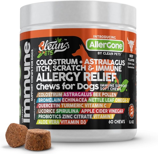 [BRSRAEIFBEBBOGYY] Dog Allergy Relief Chews | Itchy Skin Relief for Dogs | Colostrum Astralagus Omega 3 Bee Pollen Bromelain Echinacea Nettle Leaf Quercetin Licorice Root Spirulina ACV Immune - Pack of 1