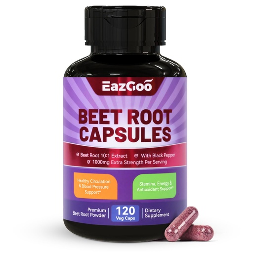 [BRSROBI5BABRU3D5] Beet Root Capsules 1000mg Per Serving, Supports Nitric Oxide Production & Blood Pressure, with Black Pepper Extract, Non-GMO, Gluten Free, Vegan - 120 Counts
