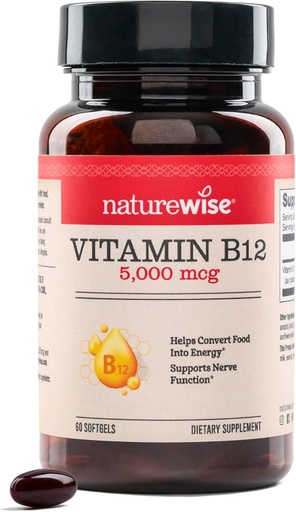 [BRSRAAL7CEIGKALV] NatureWise Vitamin B12 5000 mcg - Ekstra styrke - Supplement til støtte energi niveauer, mental Klarhed, nervesystem sundhed - Easy- to- Swallow, Soy og Gluten- Gratis, non-GMO - 60 Softgels