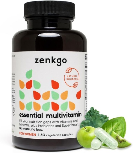 [BRSROFAFA4JWGCL6] Zenkgo Multivitamínicos + Alimentos completos orgánicos+Probióticos para Mujeres, Apoya la Inmunidad, Digestión, Energía, Salud Gut, Vitaminas A, E, B6, B12, Vegan D3, K2 (MK-7), Folato, Minerales, Superalimentos(60Ct/30Day)