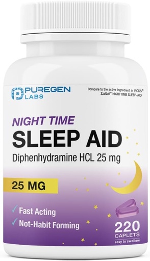 [BRSROBIECQHAYEQ6] Puregen Labs Sleep Aid Caplets, Diphenhydramine HCl 25mg - 220 Count | Supports Deeper, Restful Sleeping, Non Habit-Forming | Made in USA