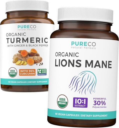 [BRSRAYDYCBYG23LA] Turmeric & Lions Mane (1-Month Supply) Mindful Turmeric Bundle of Organic Turmeric Curcumin with Black Pepper & Ginger (120 Caps) & Organic Lions Mane Mushroom 10:1 Extract (60 Caps)