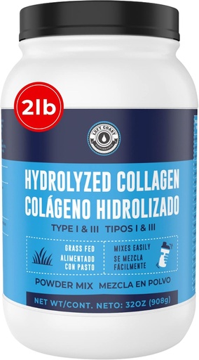 [BRSRMY33OQNRSC36] 2lb Colageno Hidroelizado En Polvo Para Mujeres y Hombres - Péptidos de Colageno tipo I & III -Alimentado Con Pasto - Sin Sabor 